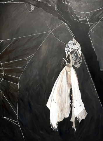 Butterfly woman emerges from the chrysalis next to a spiderweb