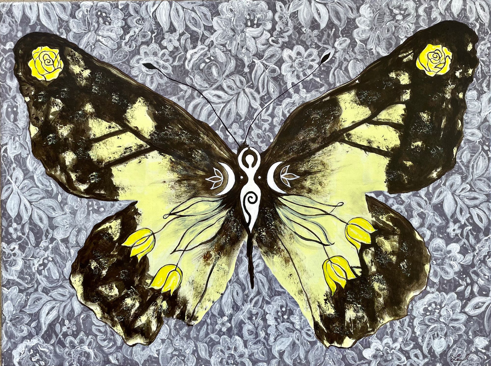 Yellow Butterfly with hand painted lace and a symbol for motherhood