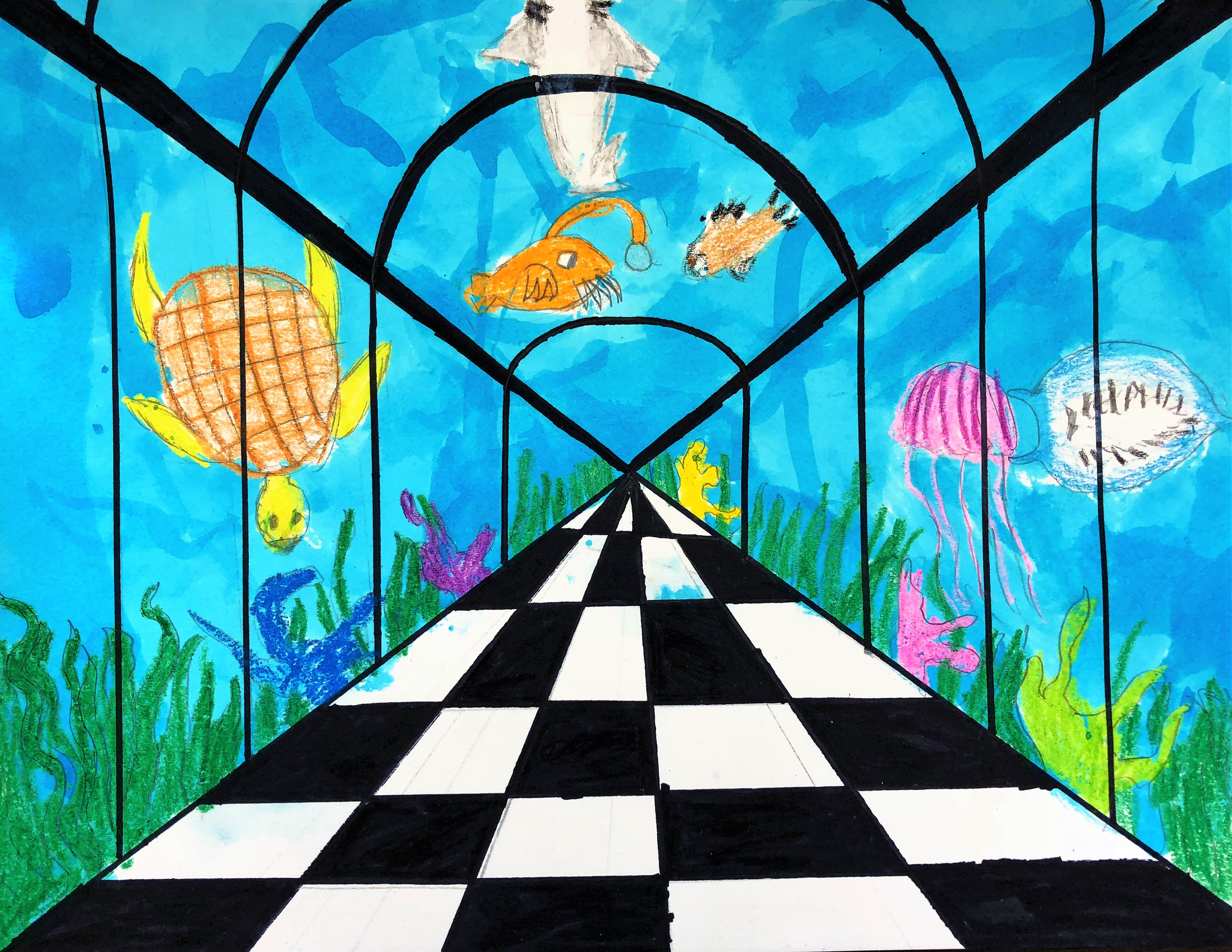 Aquarium Perspective Lesson Art for kids - Leah Newton Art